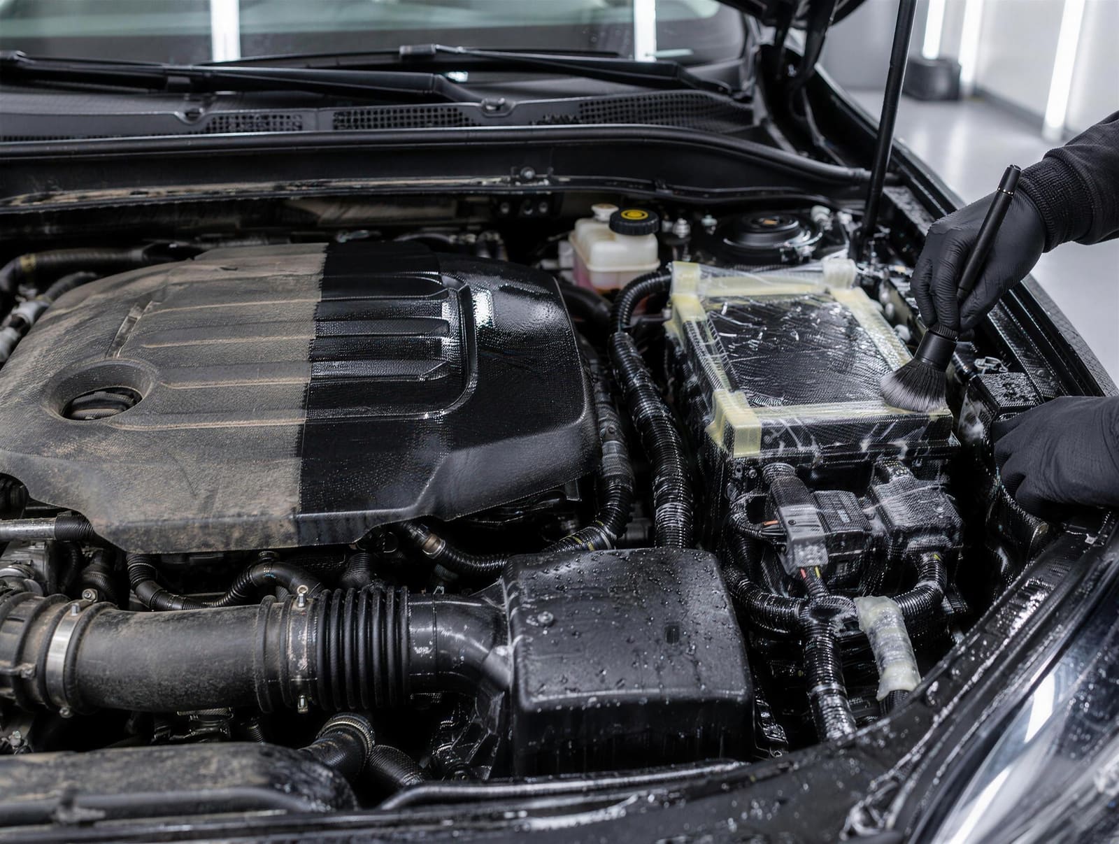Illustration: gloved hands brushing degreaser over a half-cleaned engine cover, with the electrics covered first