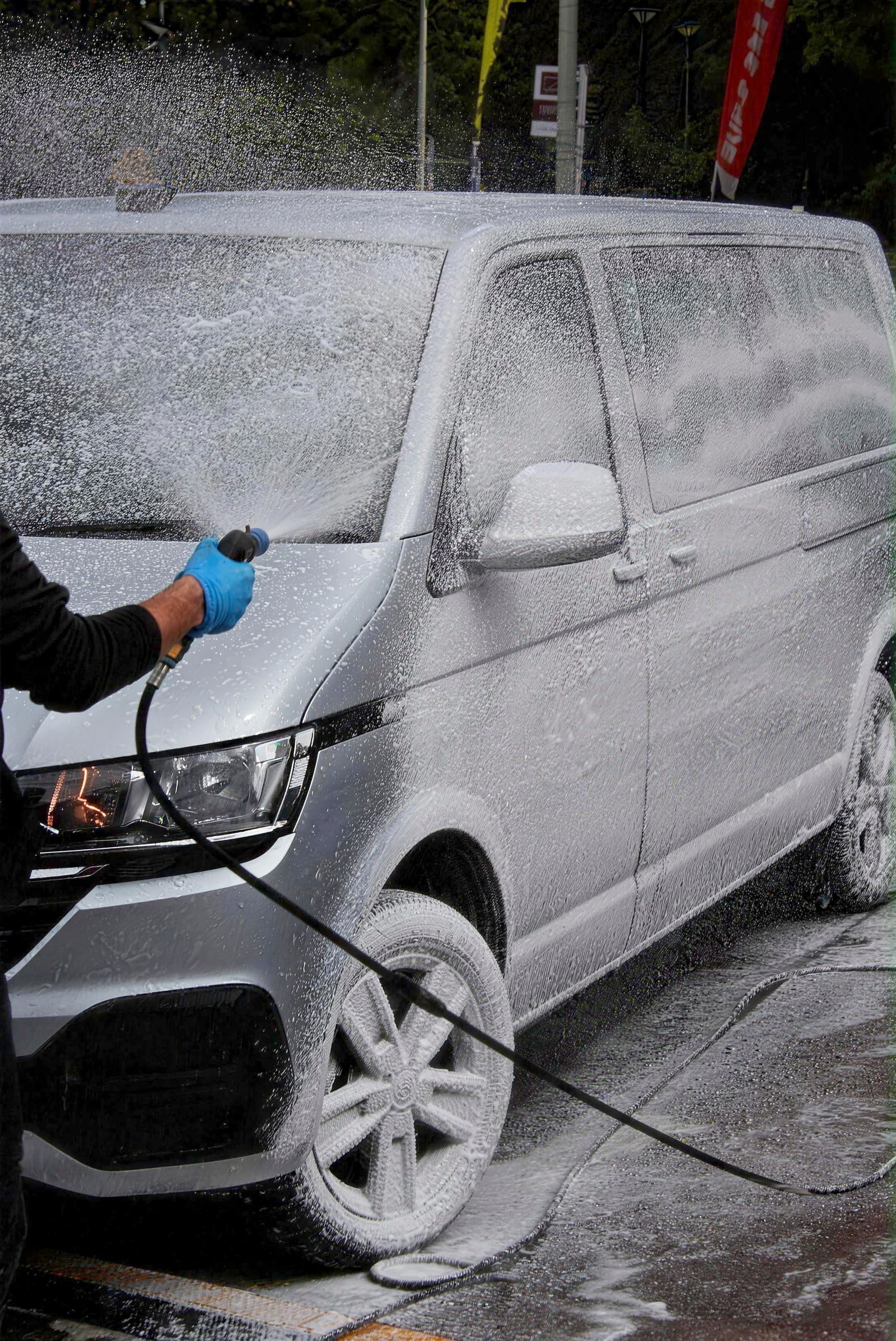 Snow-foaming a grey VW van